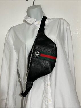 Black Leather Belt Bag with Green & Red Stripe